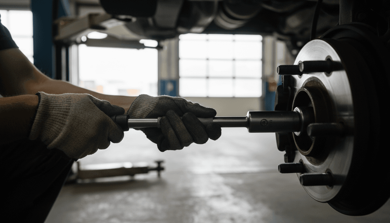 Mechanic's hands using a torque wrench on a vehicle wheel in a professional garage workshop